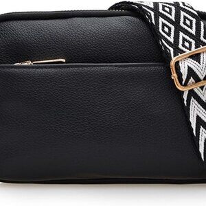 Lightweight Women's Crossbody Bag - Triple Zipper Vegan Leather Handbag, Black